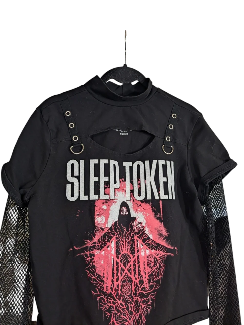 π€ Sleep Token Cutout Harness Top Fishnet Layered Goth Alt Band Tee Womenβs L - Picture 3 of 8